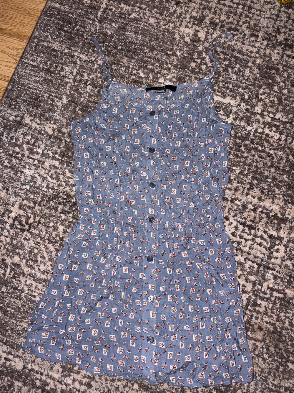 Blue Floral Print Button-Front Romper — Skort Style, Size S